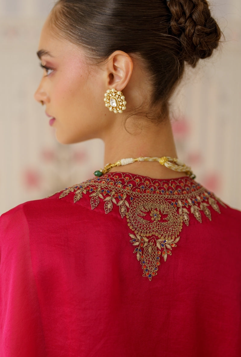 Red Resham and Dori Hand Embroidered Mallika Cape Set