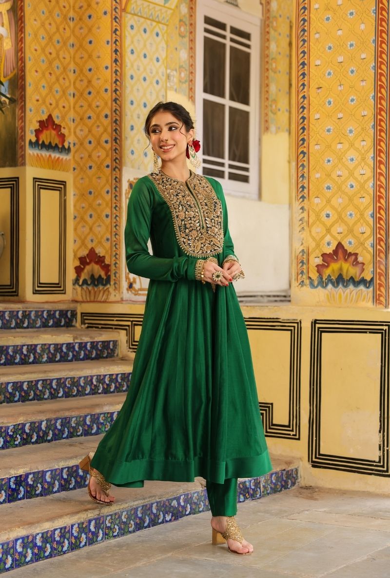 Green Heavy Yoke Mehfil Anarkali Set