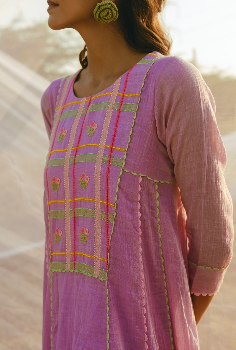 Lilac Madras Checks Yoke Barfi Kurta Set
