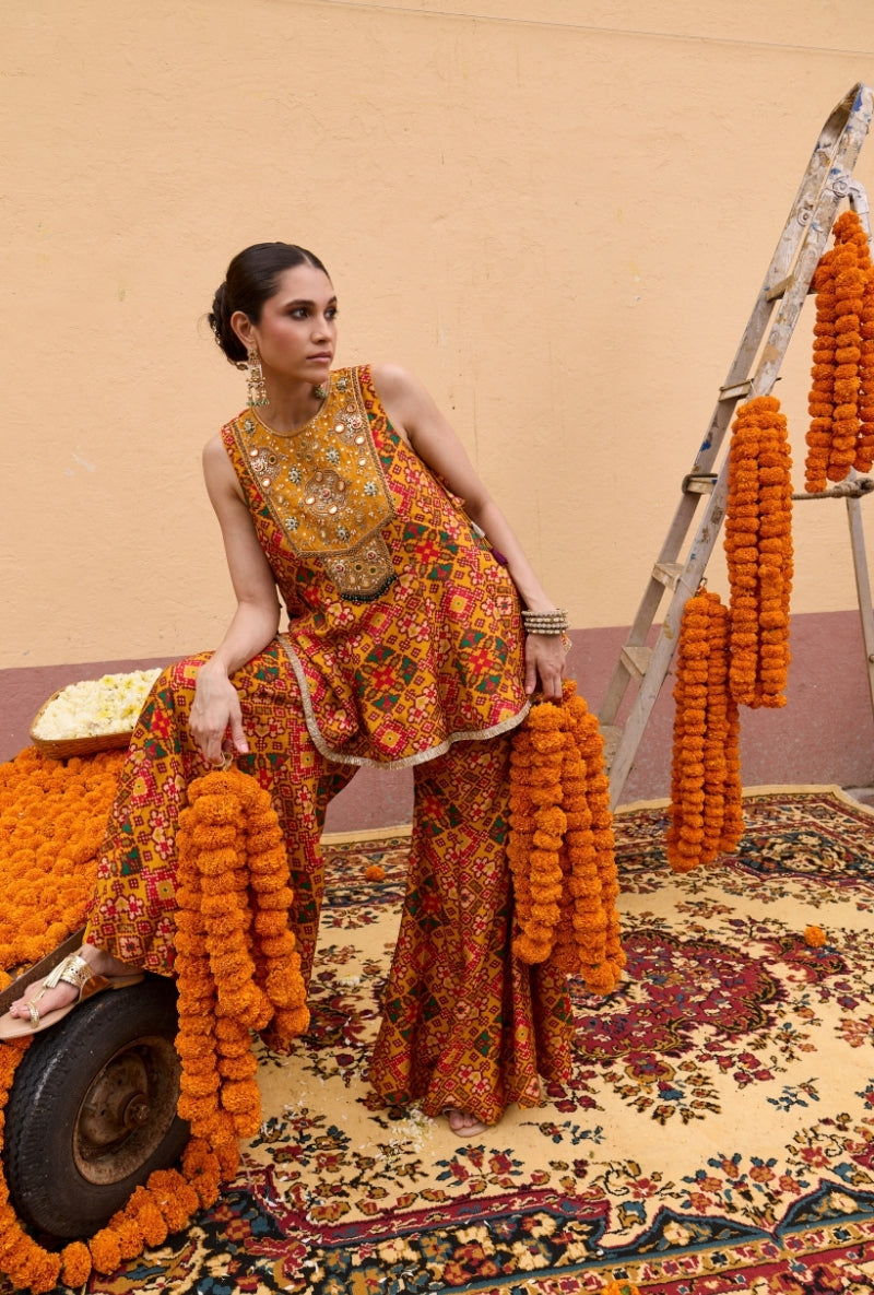 Yellow Patola Short Kali Oorja Sharara Set