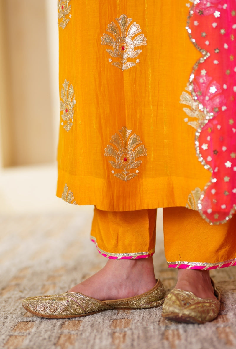Mustard Sequin And Resham Butti Nargis Kurta Set