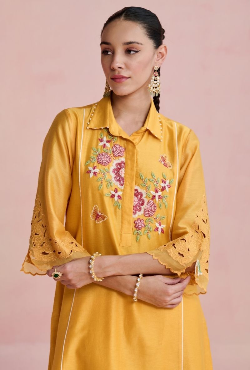 Yellow Collar Motif Yoke Amara Kurta Set