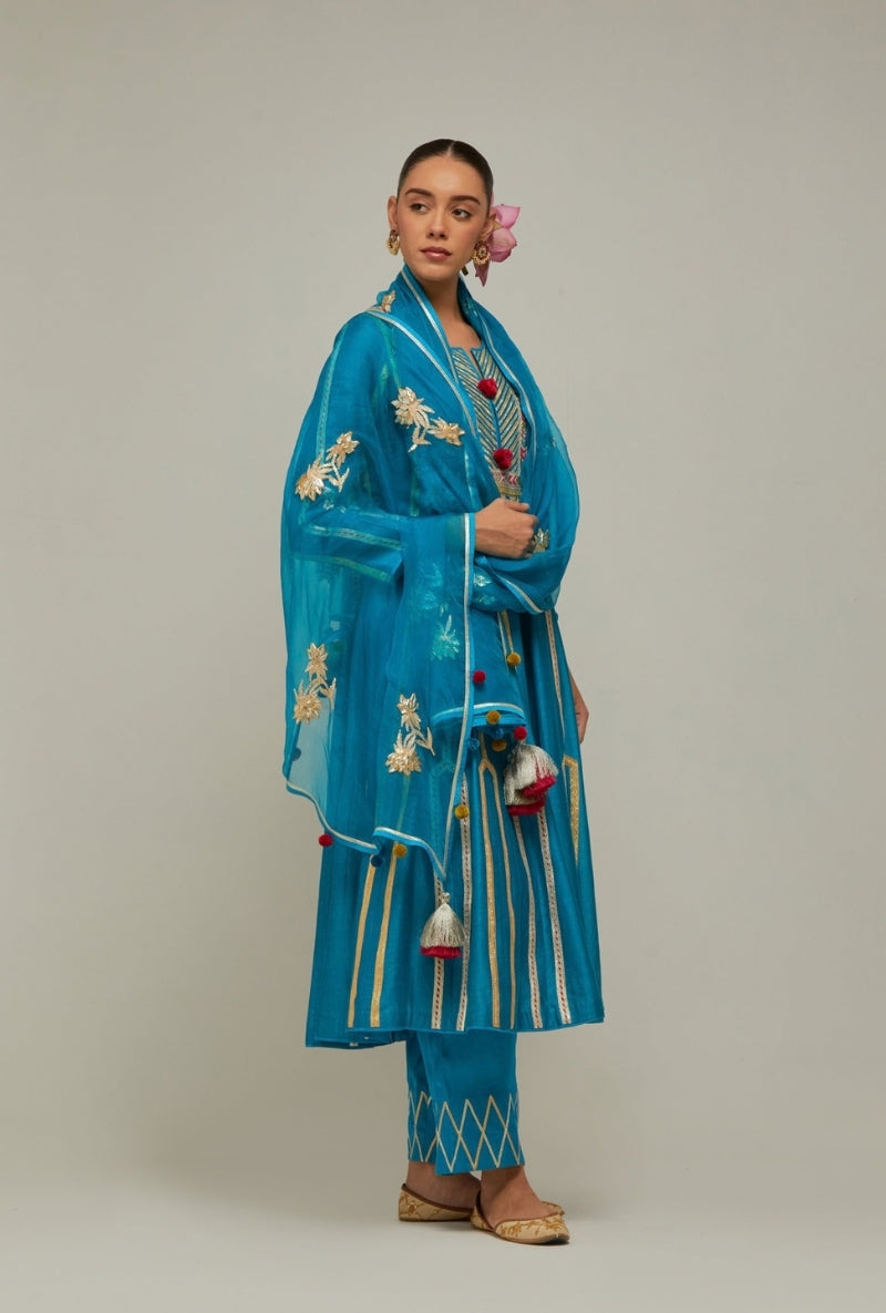 Peacock Blue Multistripe Gota long Mehreen Anarkali Set