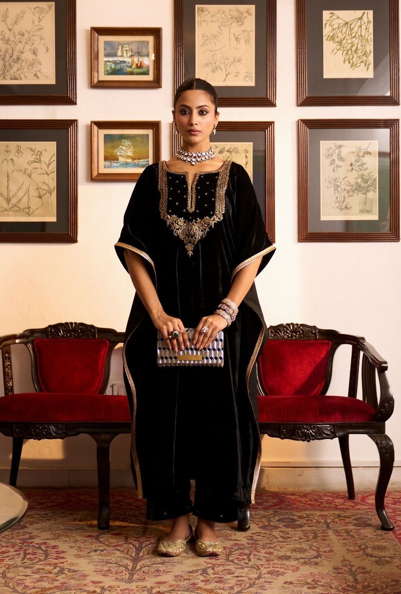 Black Embroidered Yoke Dilbar Kaftan Set