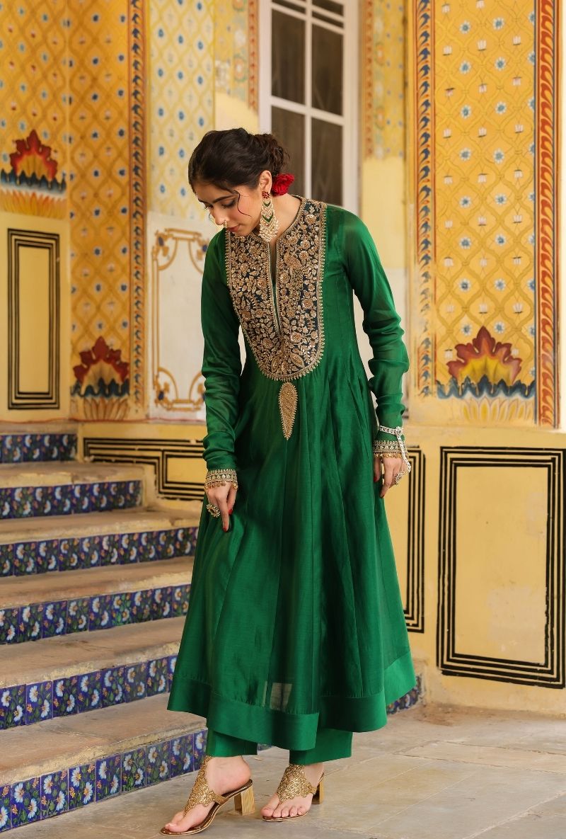 Green Heavy Yoke Mehfil Anarkali Set