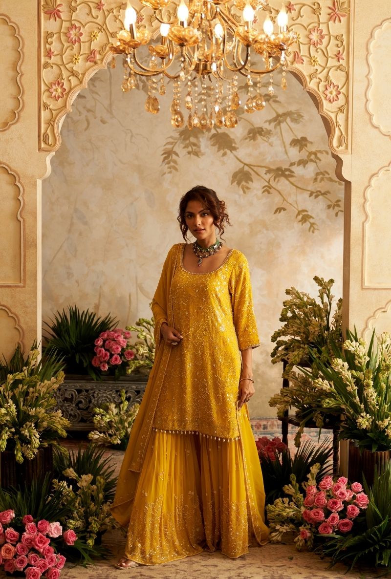 Mustard Pearl Embroidery Rumi Gharara Set