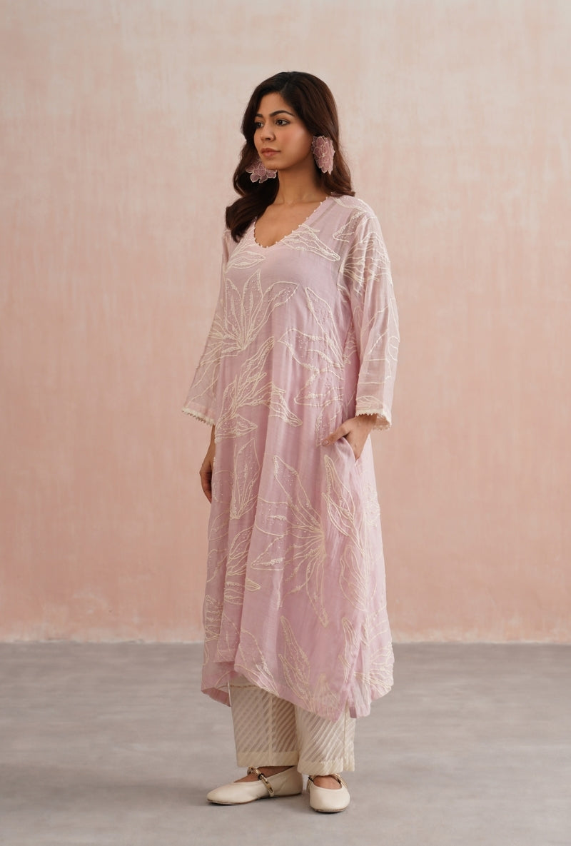 Rose Pink Pearl Embroidered Prisha Kurta Set