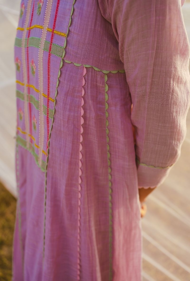 Lilac Madras Checks Yoke Barfi Kurta Set