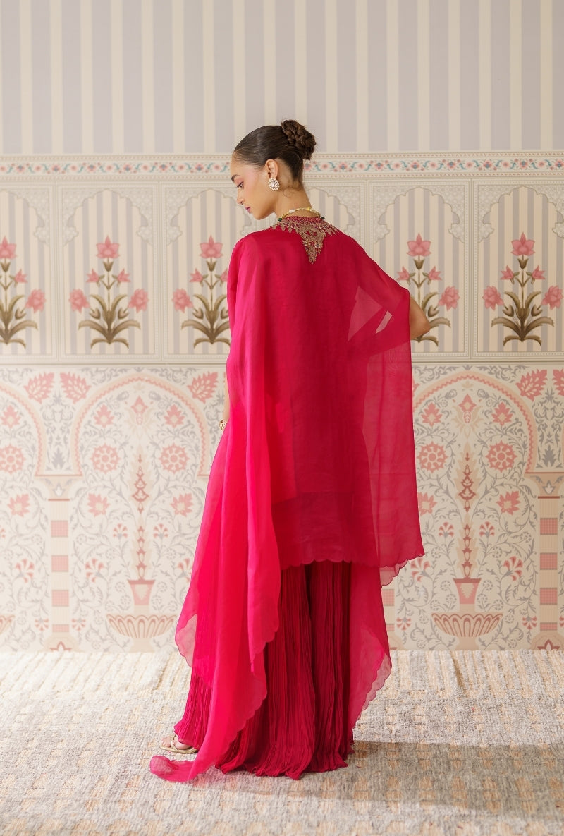 Red Resham and Dori Hand Embroidered Mallika Cape Set