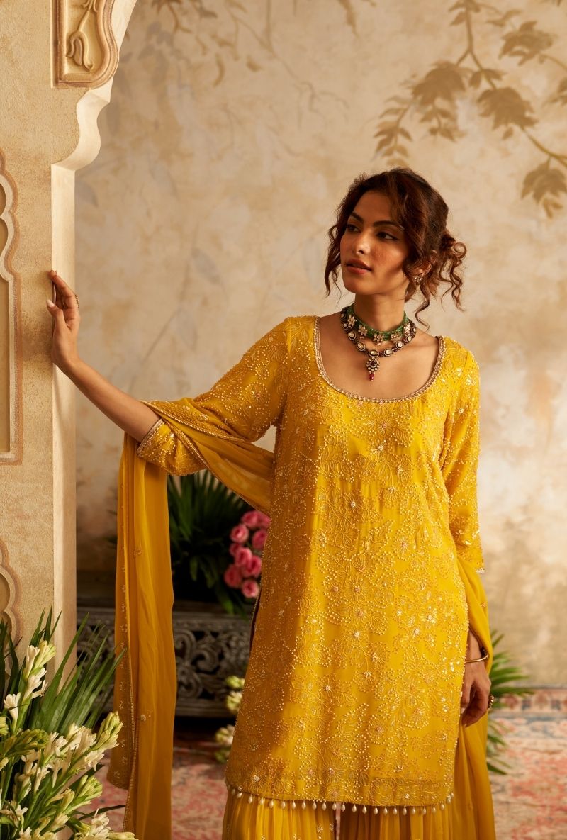 Mustard Pearl Embroidery Rumi Gharara Set