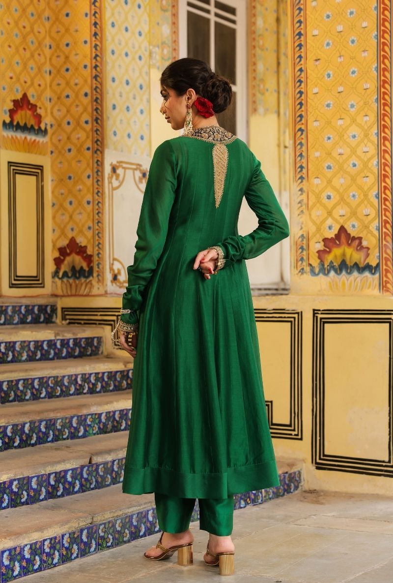 Green Heavy Yoke Mehfil Anarkali Set