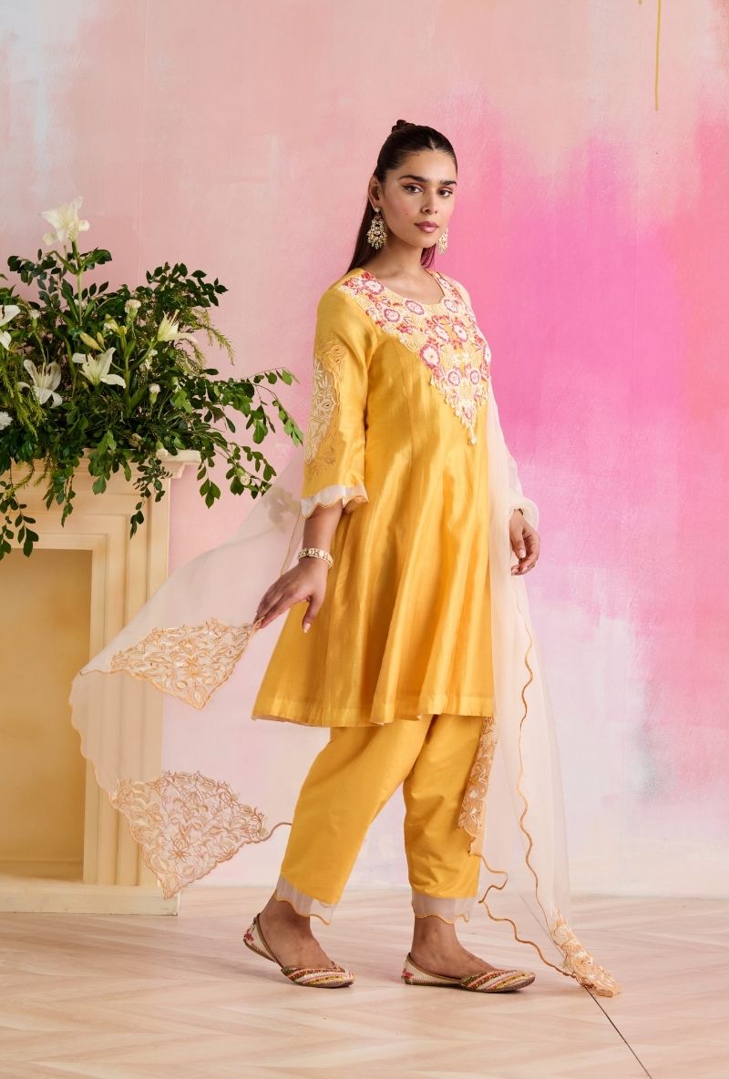Yellow Embroidered Heavy Yoke Amara Kurta Set