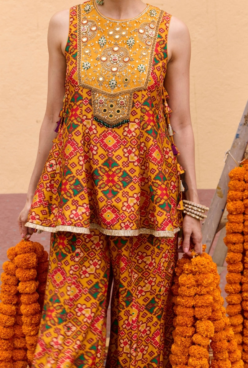 Yellow Patola Short Kali Oorja Sharara Set
