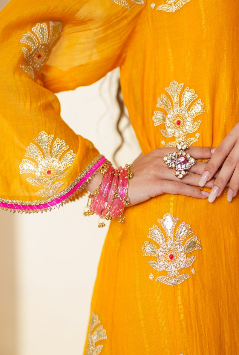 Mustard Sequin And Resham Butti Nargis Kurta Set