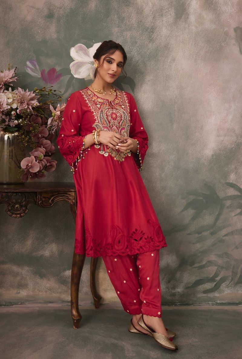 Red Heavy Embroidered Yoke Jalsa Salwar Set