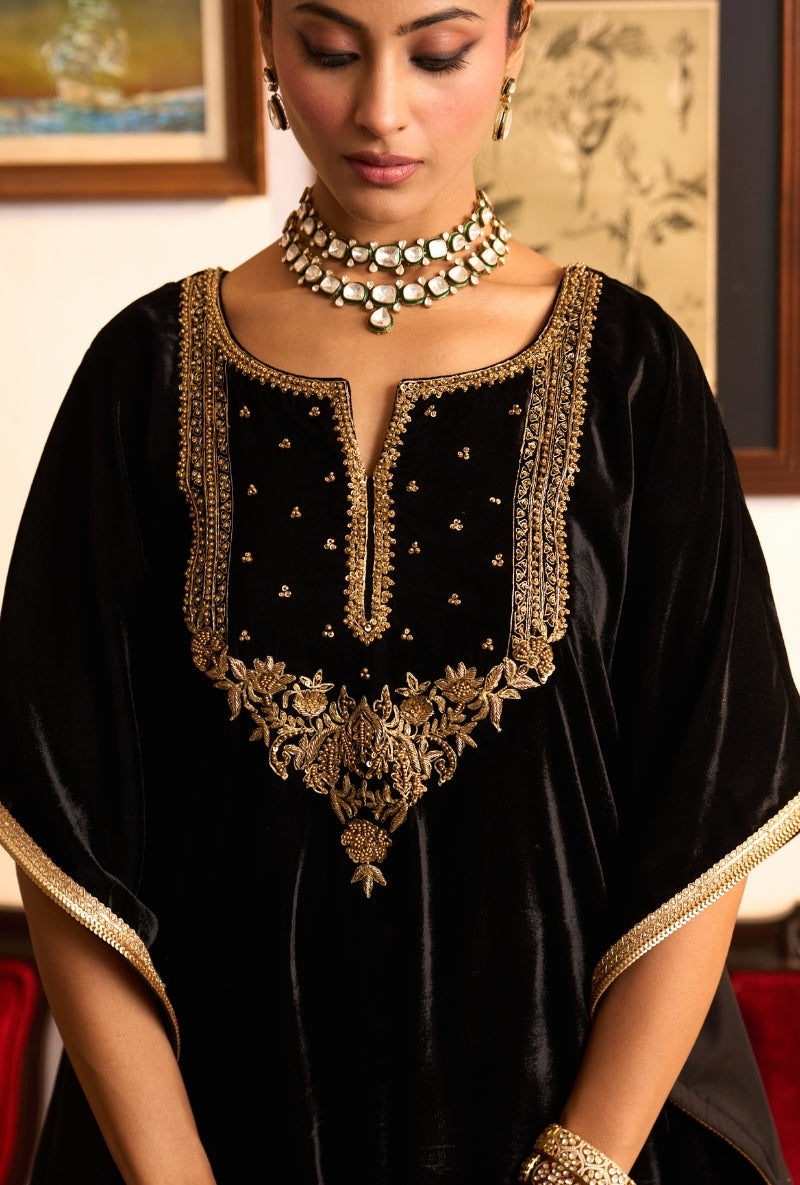 Black Embroidered Yoke Dilbar Kaftan Set