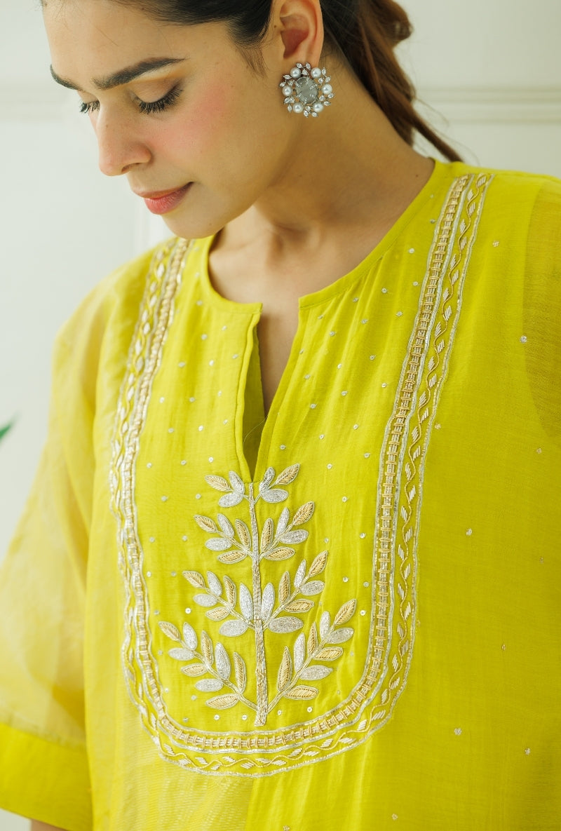Lime Green Hand Embroidered Yoke Baani Kaftan Set