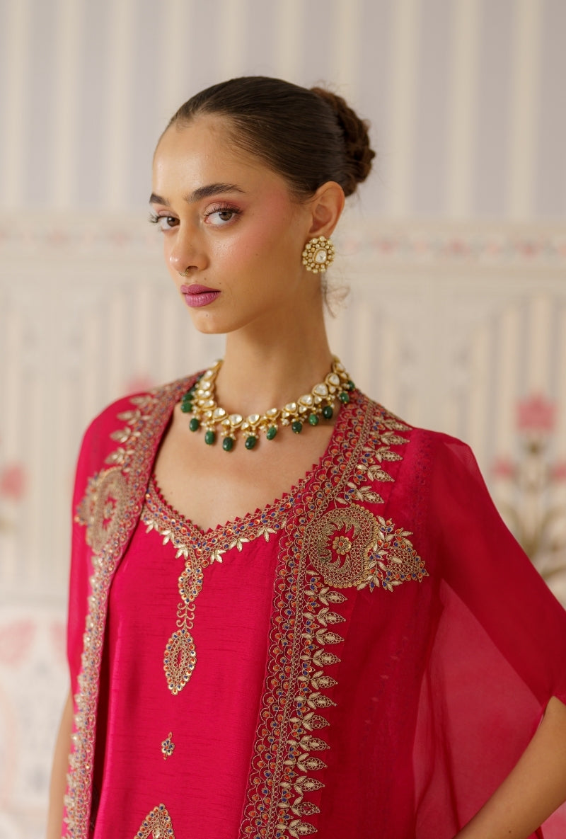 Red Resham and Dori Hand Embroidered Mallika Cape Set