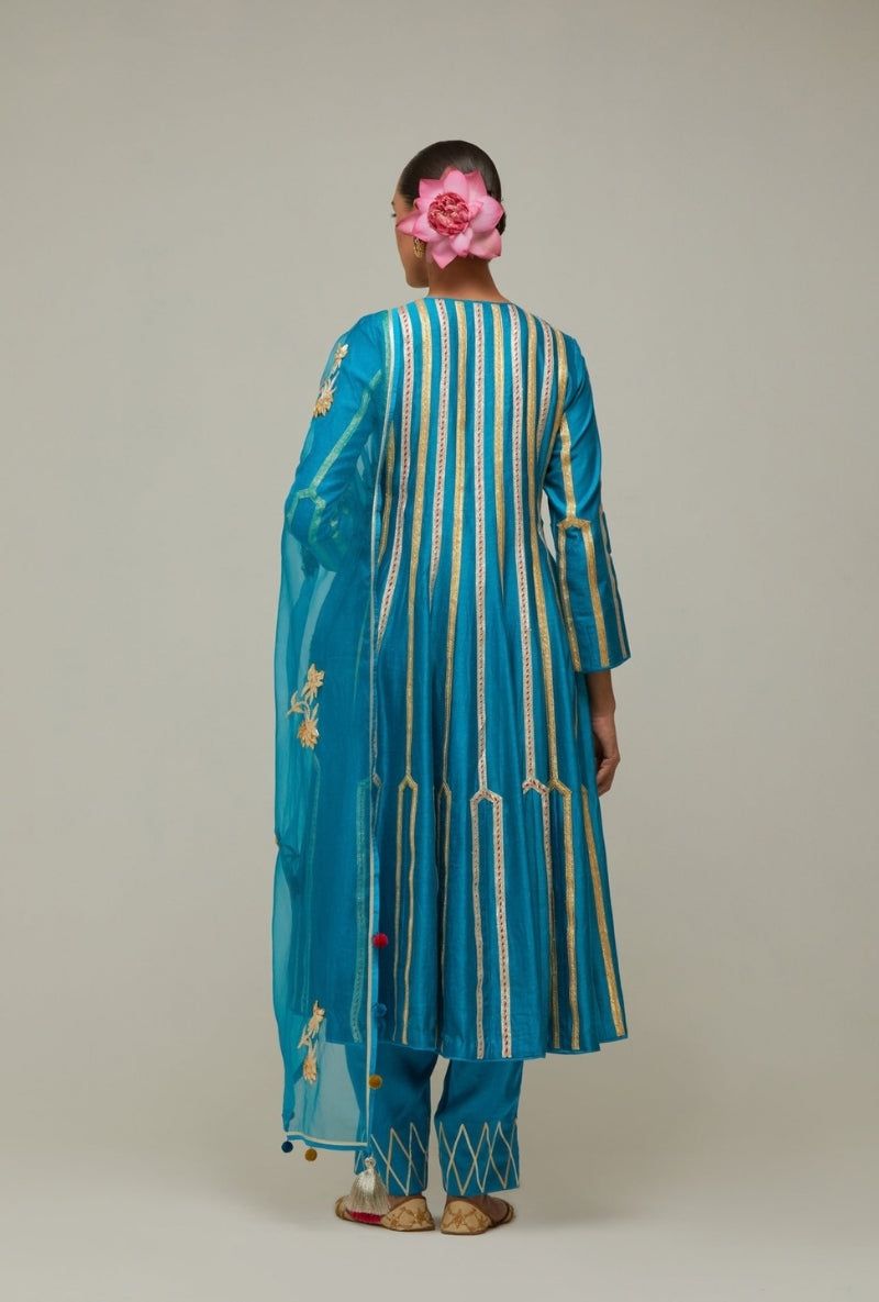 Peacock Blue Multistripe Gota long Mehreen Anarkali Set