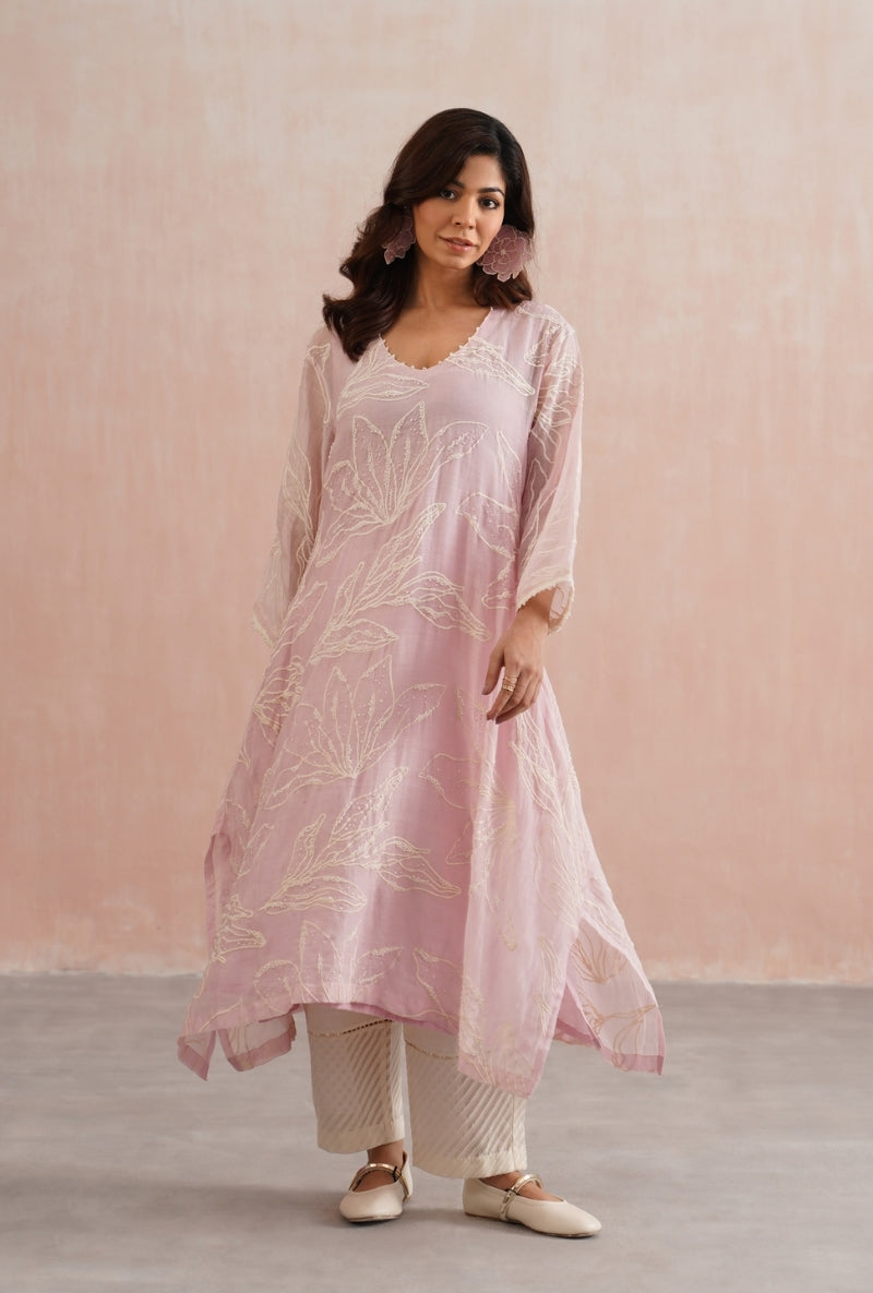 Rose Pink Pearl Embroidered Prisha Kurta Set