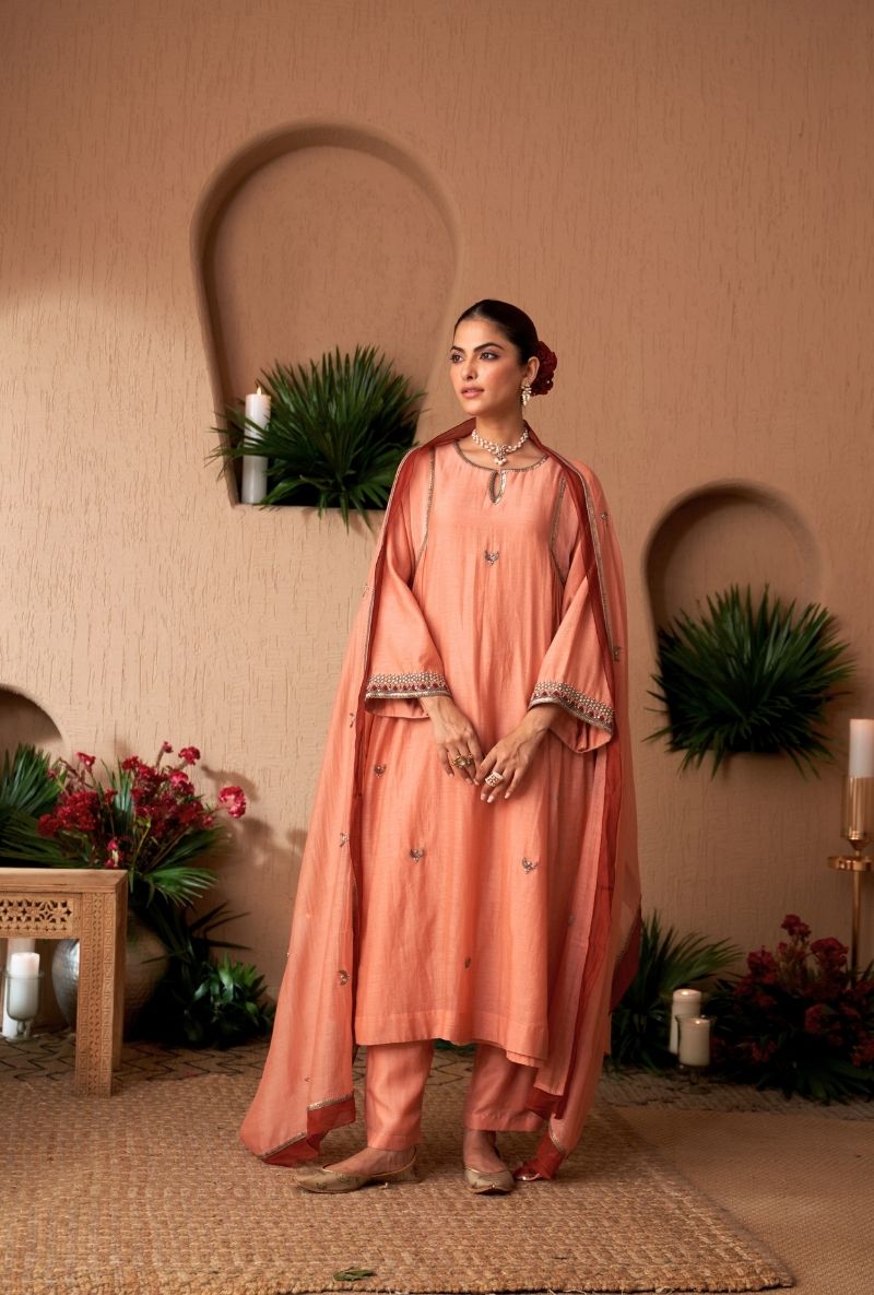Peach Square Sleeve Naveli Kurta Set