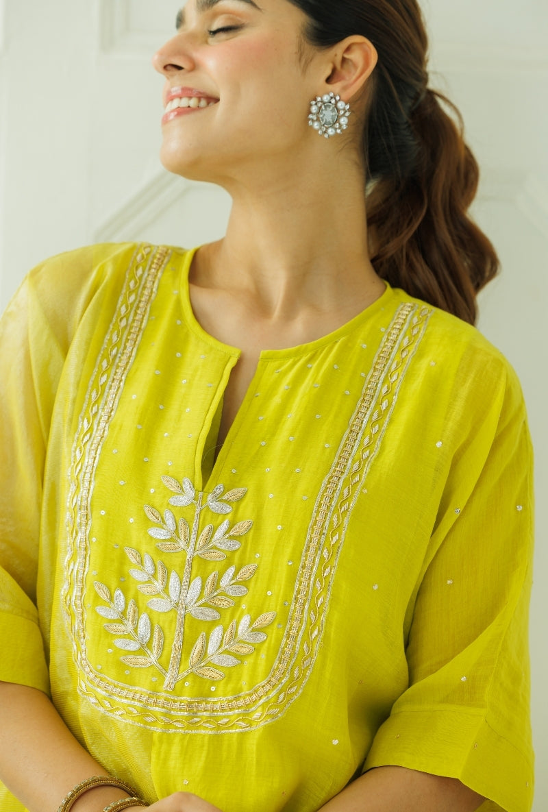 Lime Green Hand Embroidered Yoke Baani Kaftan Set