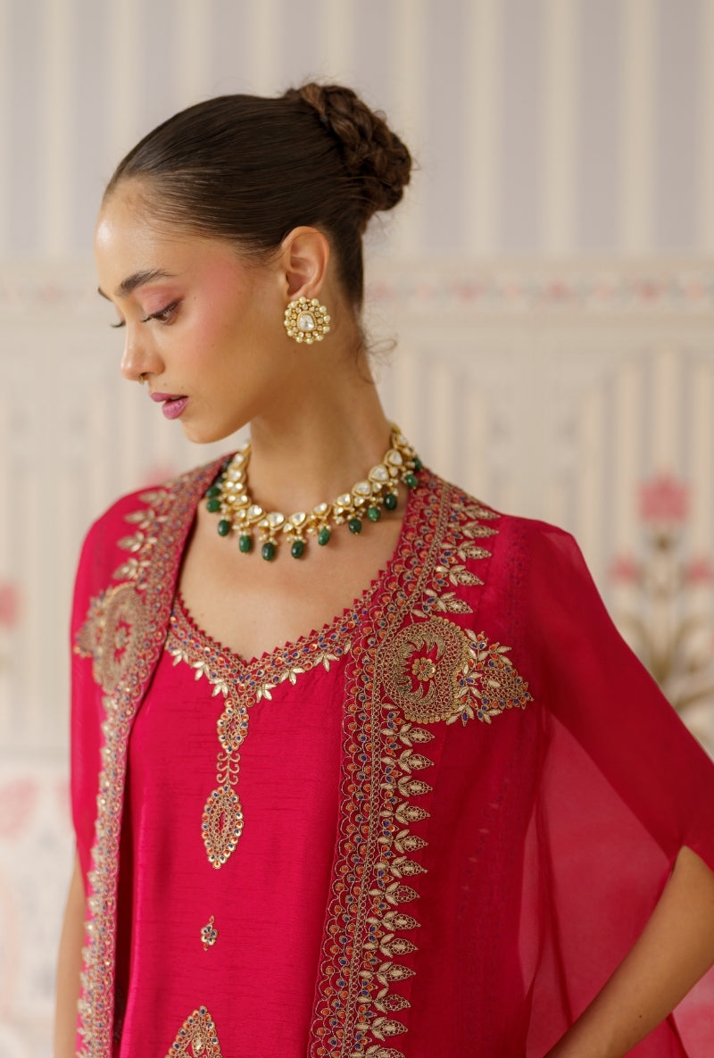 Red Resham and Dori Hand Embroidered Mallika Cape Set