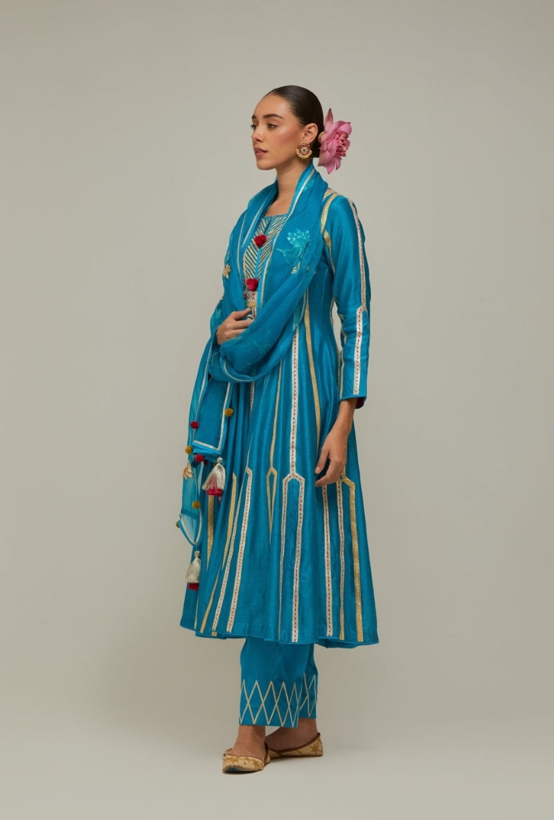 Peacock Blue Multistripe Gota long Mehreen Anarkali Set