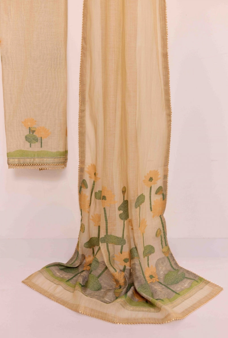 Jamdani Weaving Resham and Sequin Neck Unstitched Suit Set