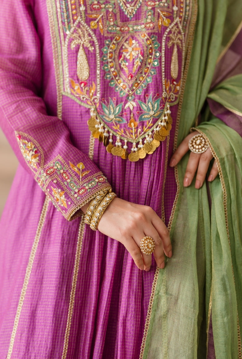 Purple Resham Zari Heavy Yoke Gulbano Anarkali Set