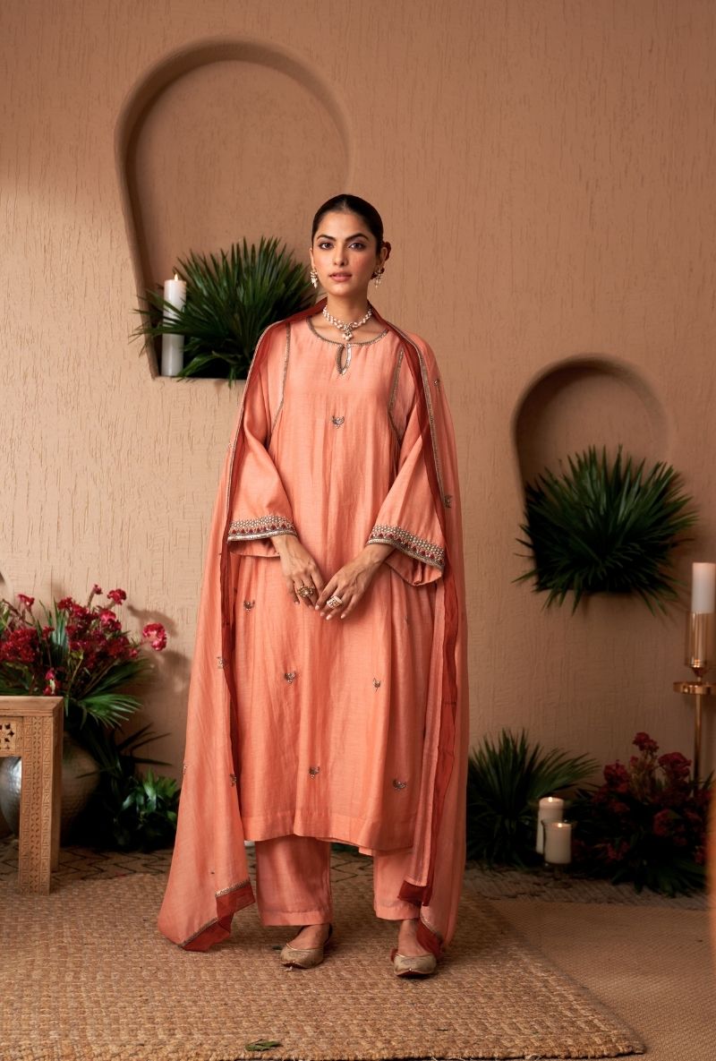 Peach Square Sleeve Naveli Kurta Set