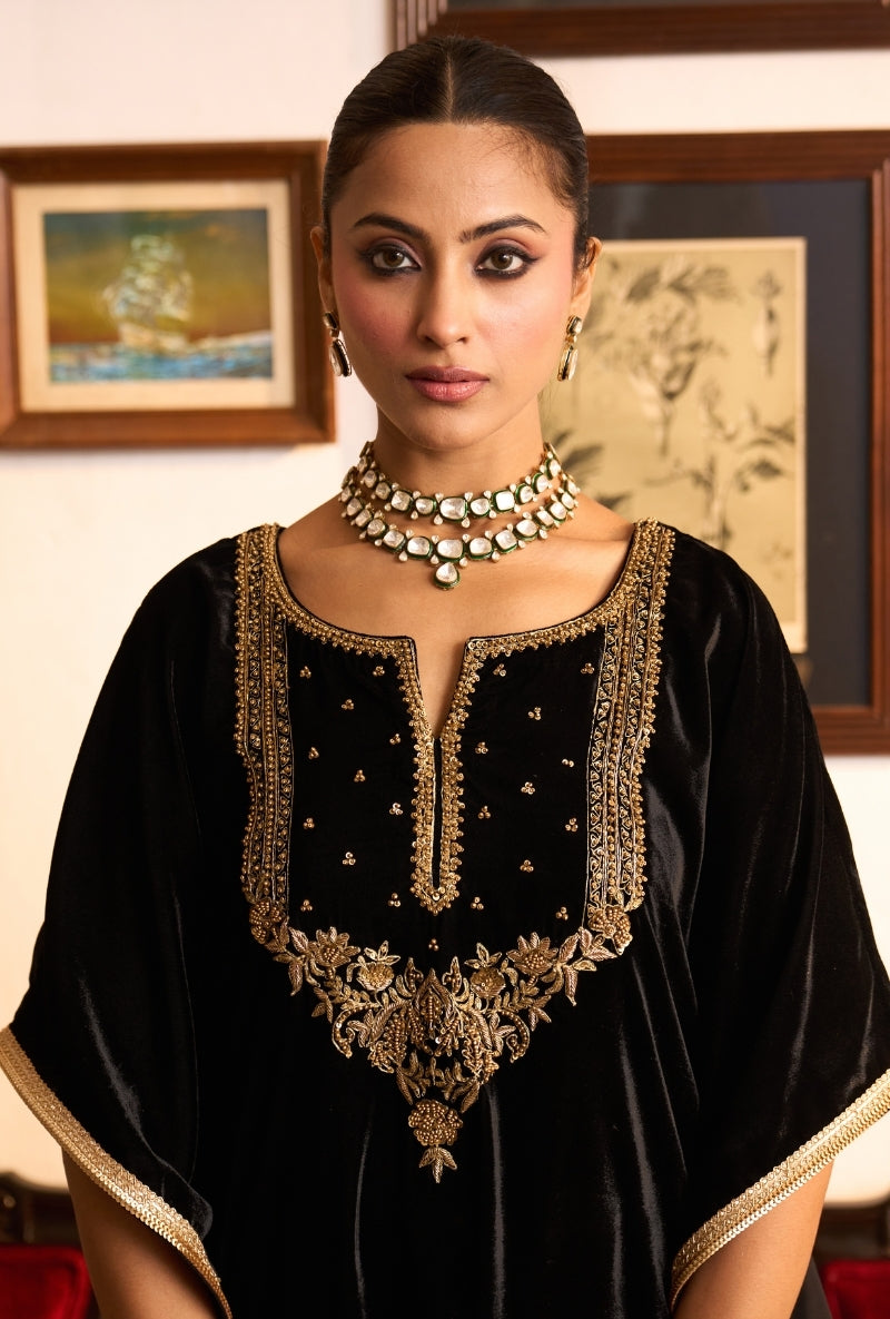Black Embroidered Yoke Dilbar Kaftan Set