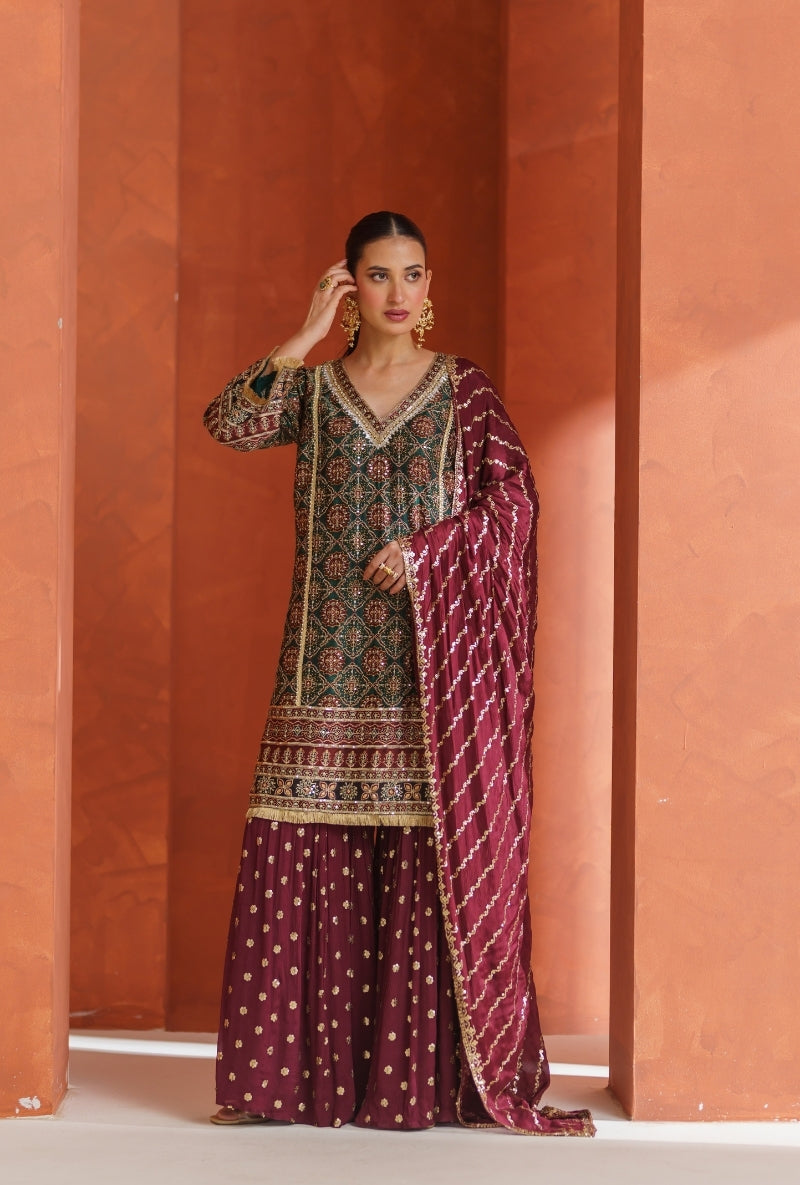 Mehendi Green Ajrak Print Vira Gharara Set