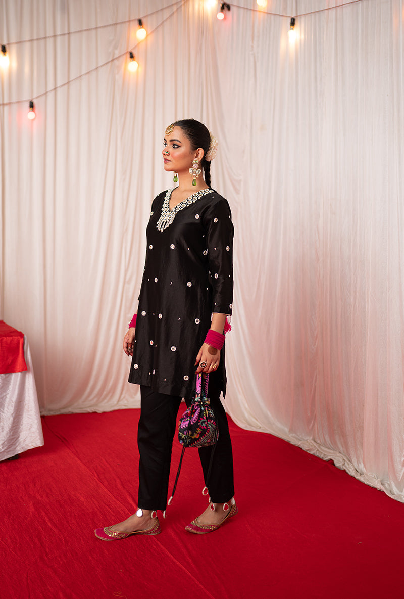 Black Embroidered Kikli Short Kurta Set