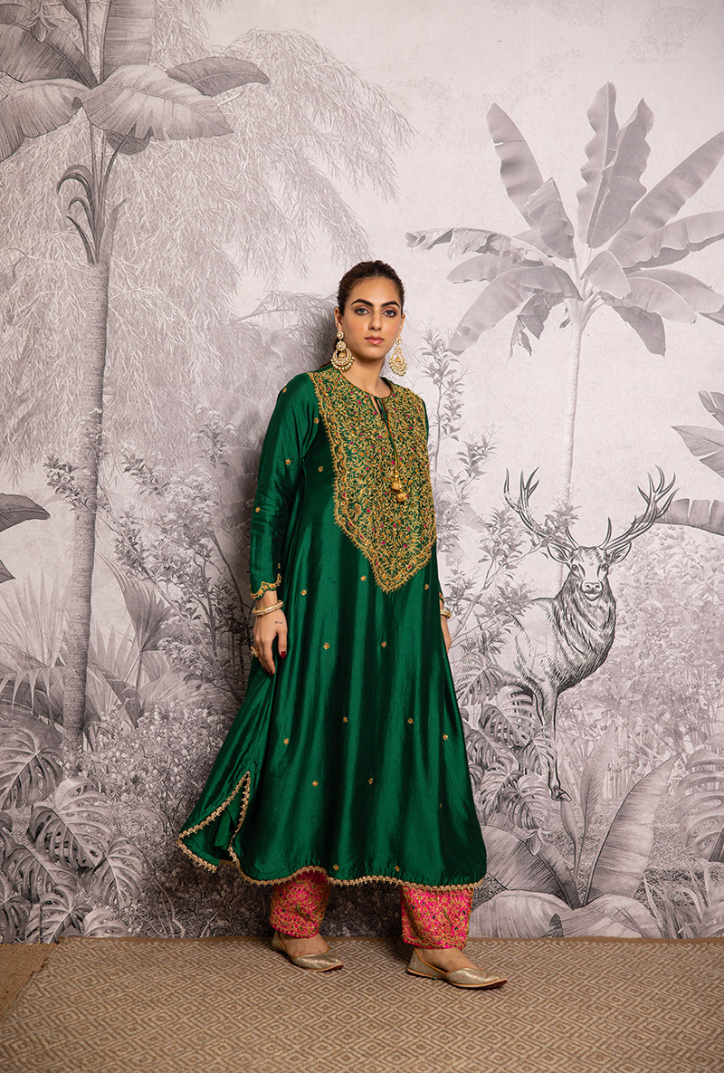 Green Bird Embroidered Long Shaheen Salwar Set