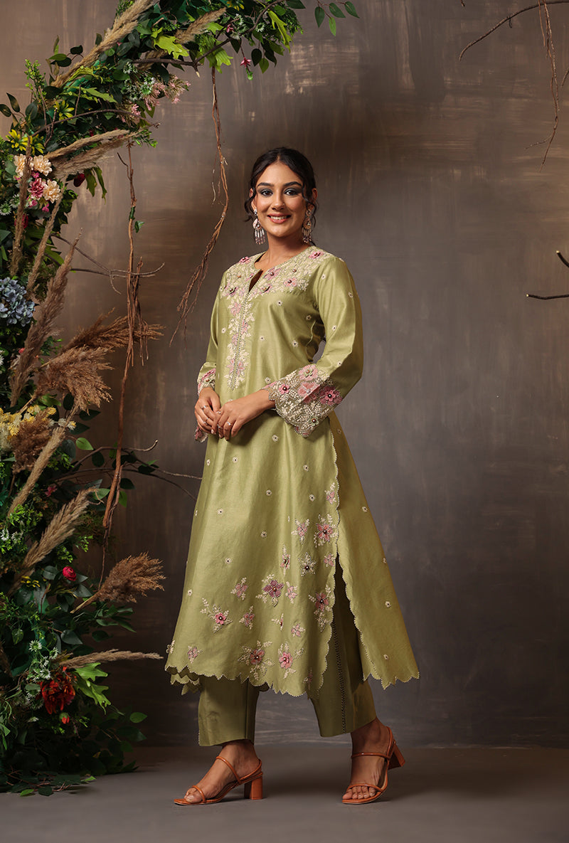 Green Applique Samah Kurta Set