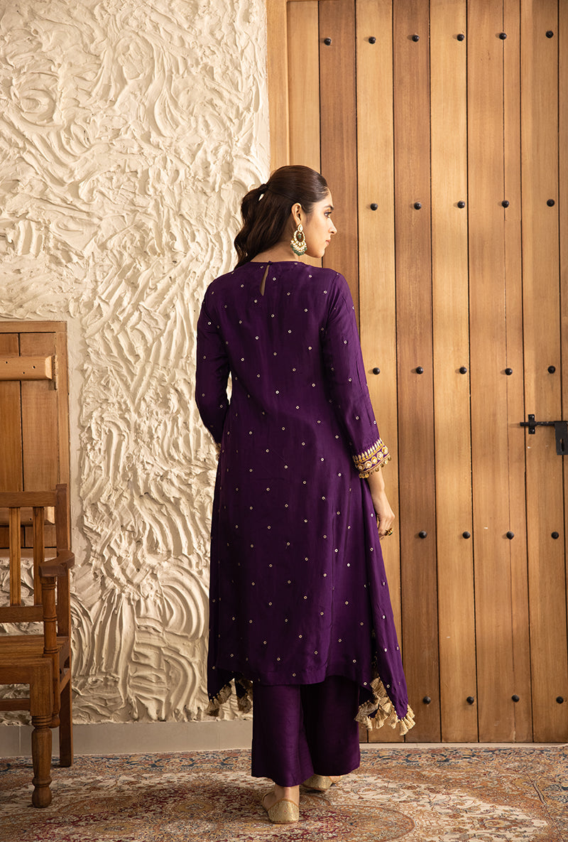 Purple Long Heavy Resham Yoke Masakali Kurta Set