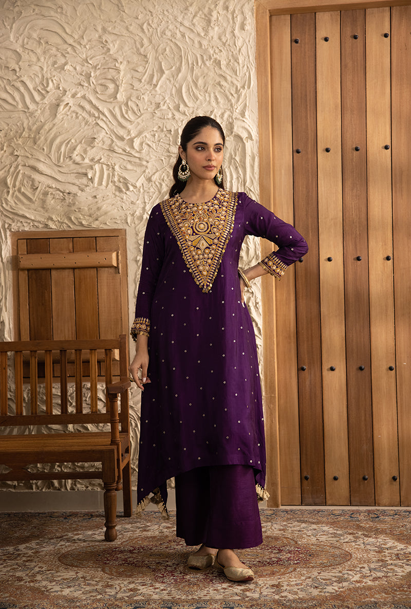 Purple Long Heavy Resham Yoke Masakali Kurta Set