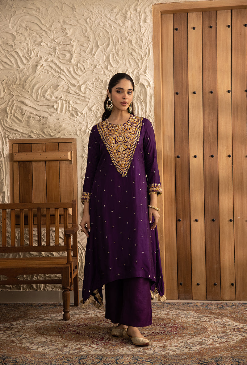 Purple Long Heavy Resham Yoke Masakali Kurta Set