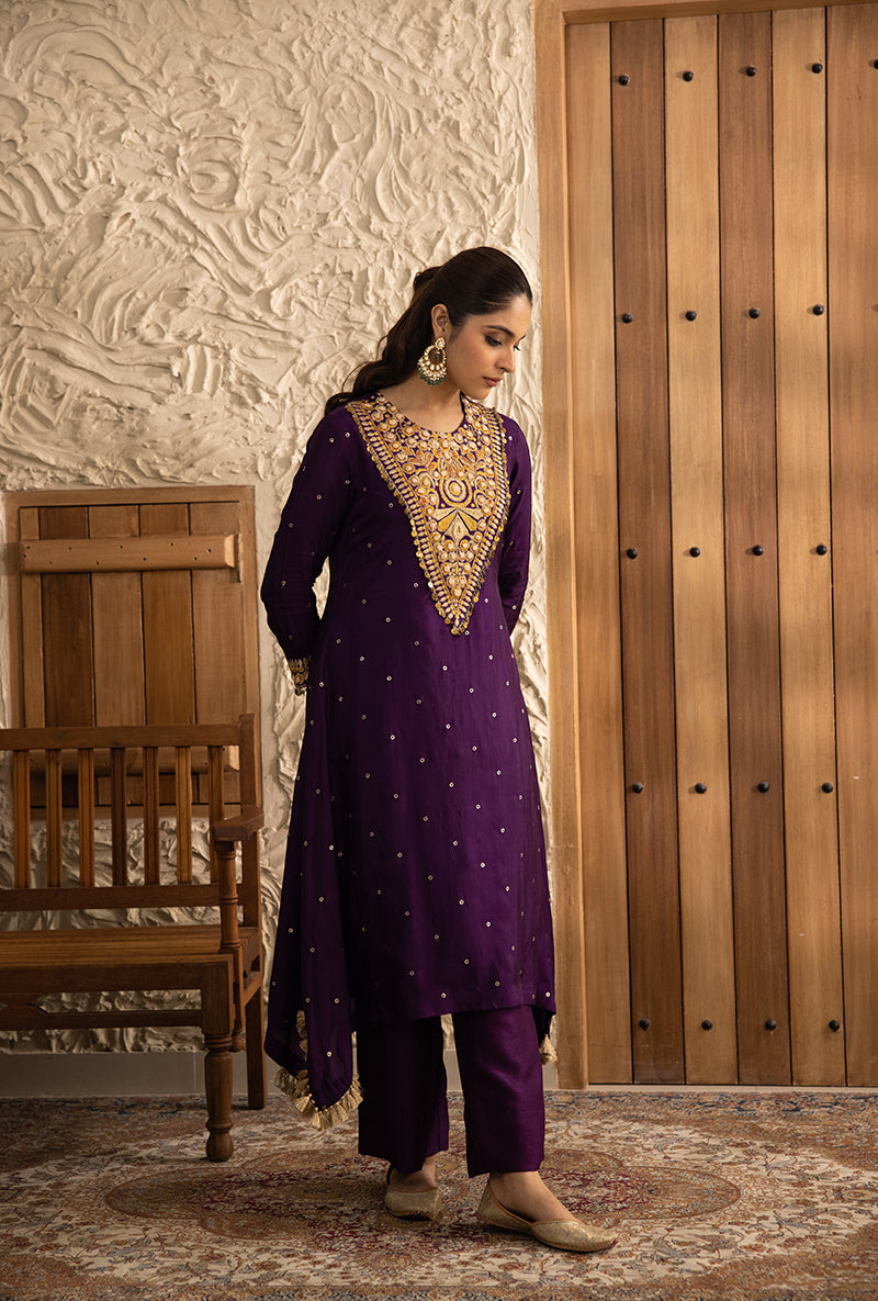 Purple Long Heavy Resham Yoke Masakali Kurta Set