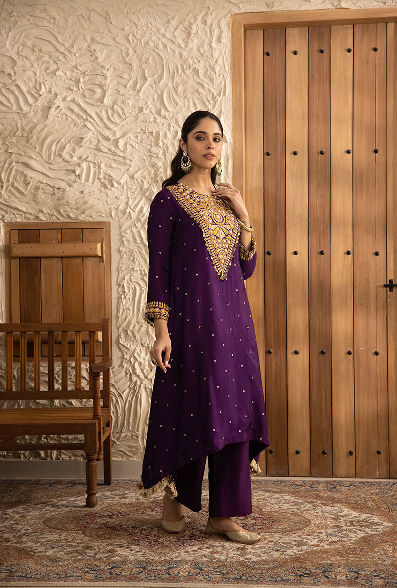 Purple Long Heavy Resham Yoke Masakali Kurta Set