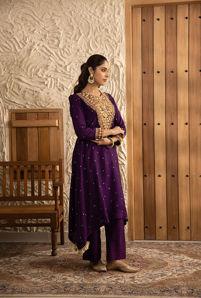Purple Long Heavy Resham Yoke Masakali Kurta Set