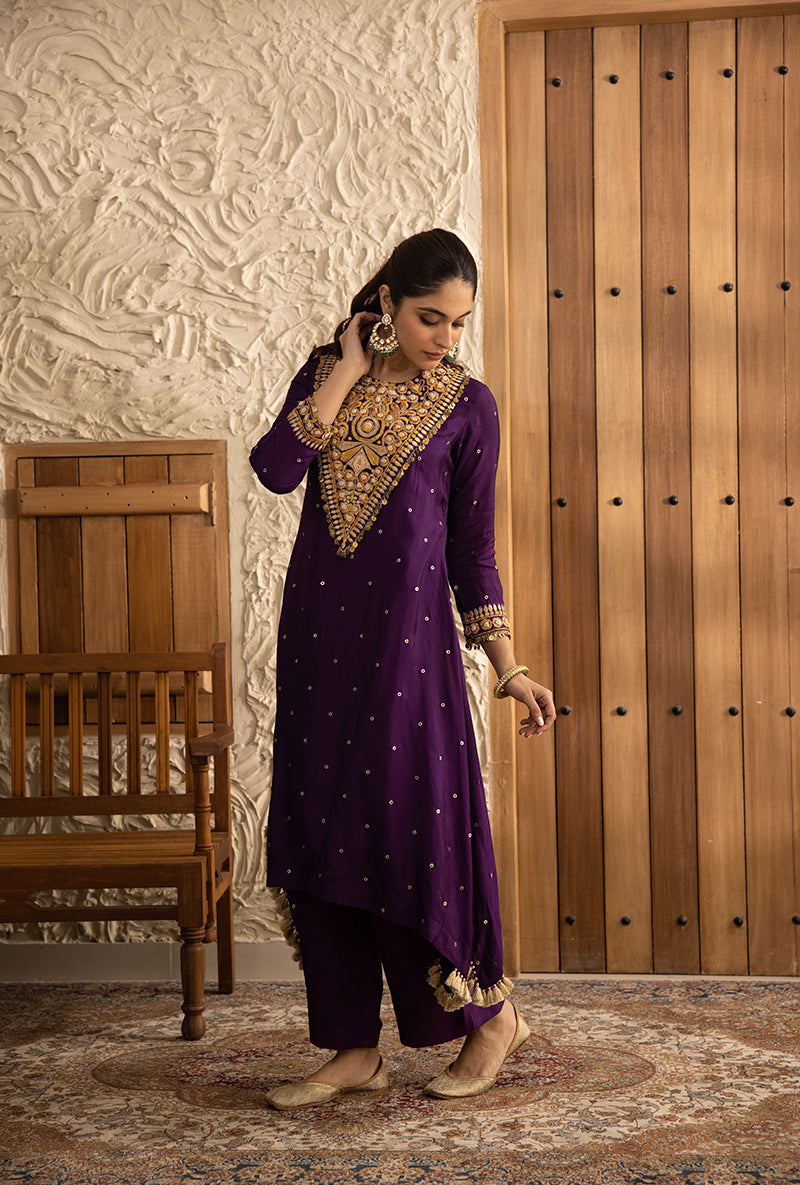 Purple Long Heavy Resham Yoke Masakali Kurta Set