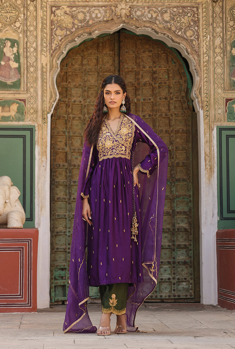 Purple Overlap Frockstyle Raag Kurta Set
