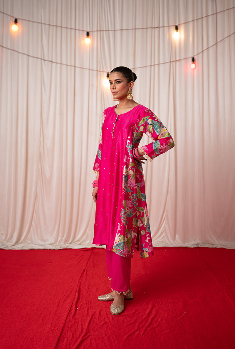 Rani Pink Printed Side Panel Kamli 2.0 Kurta Set