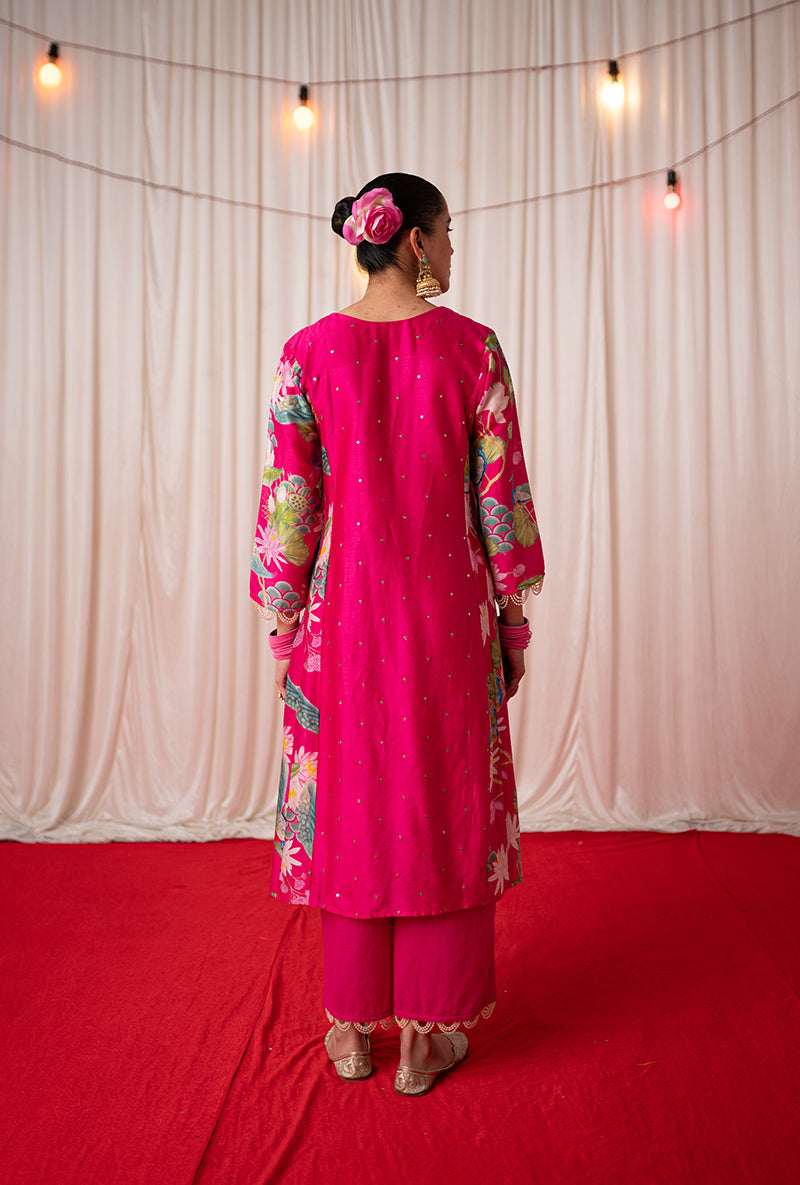 Rani Pink Printed Side Panel Kamli 2.0 Kurta Set