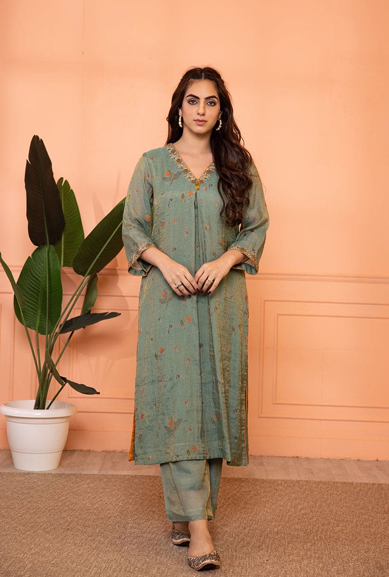 Teal Blue V-Neck Box Pleat Sia Kurta Set