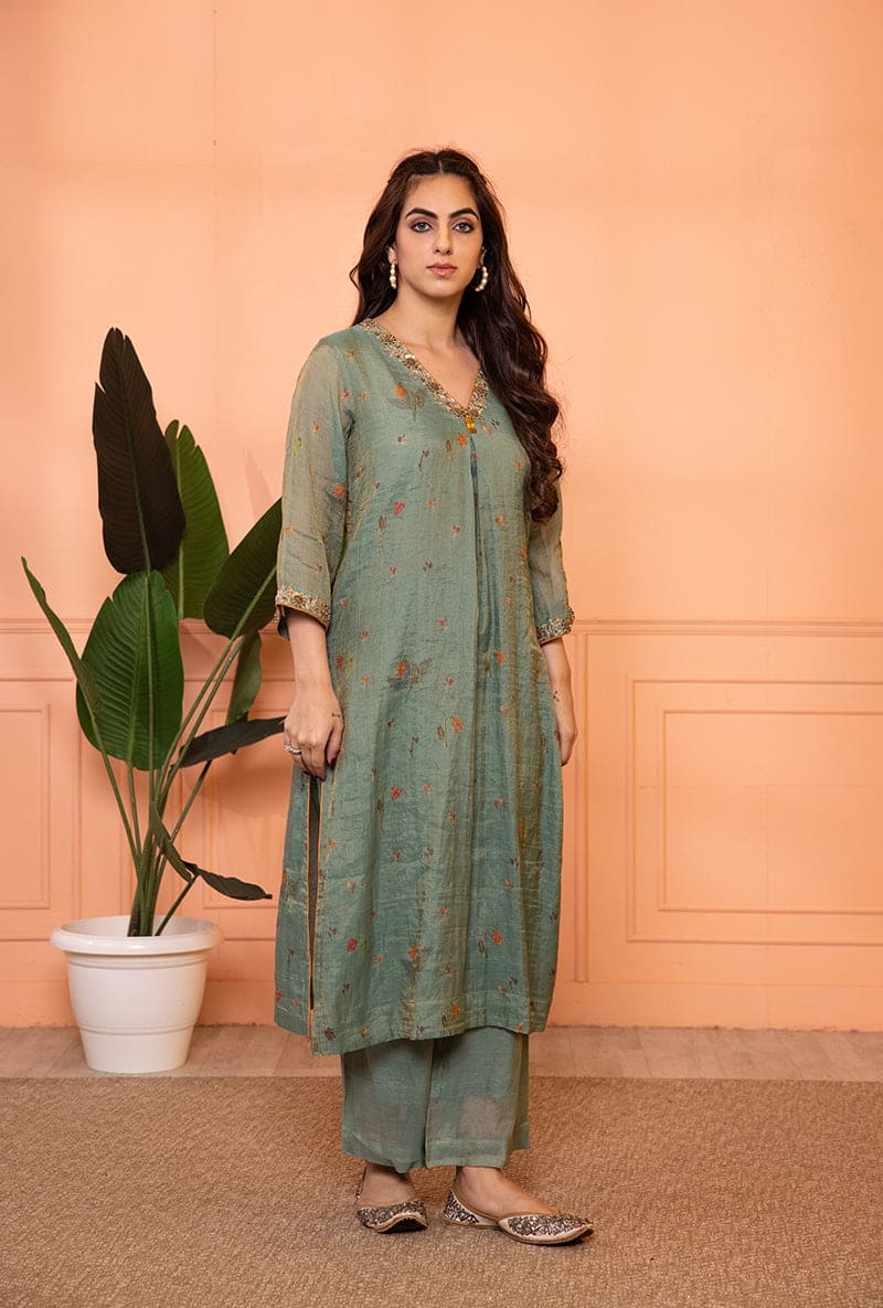 Teal Blue V-Neck Box Pleat Sia Kurta Set