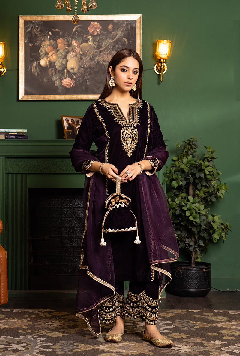 Wine Velvet Panel And Motif Dastaan Kurta Set