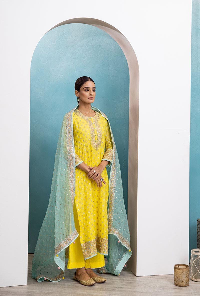 Yellow & Blue Classic Zari Neck Raha Kurta Set